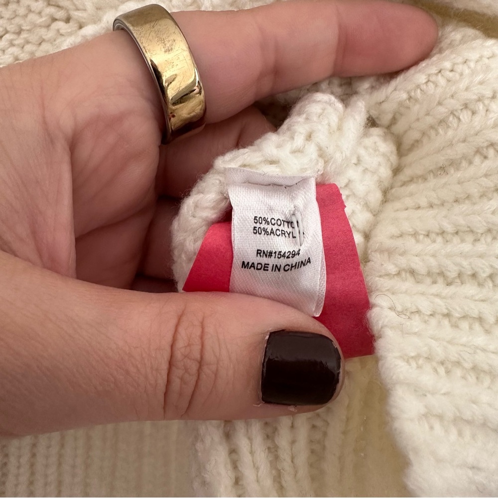 Evereve (XS) Creamy White Cable Knit Crewneck Pullover Sweater- Ribbed Detailing - Picture 6 of 7
